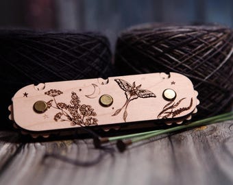 Luna Moth Knitting and Crochet Row Counter. 3 digit dial to keep progress of your rows. Moth with plants and moon made from maple wood.
