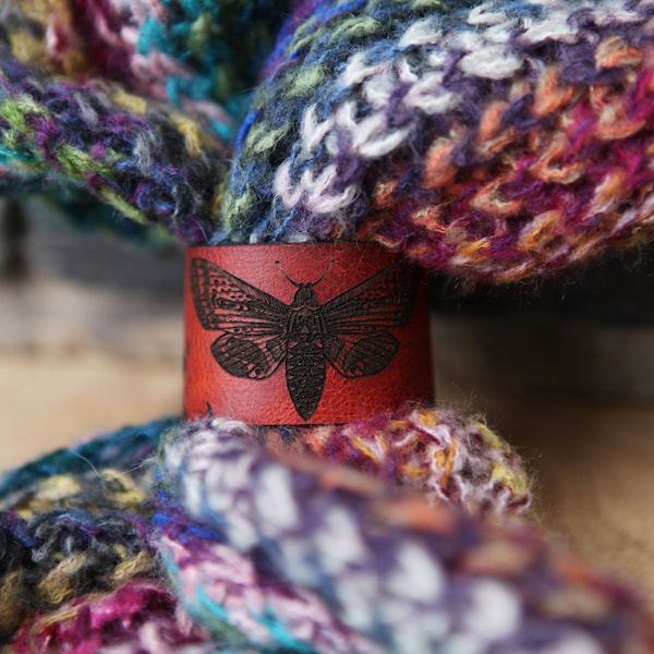 Moth Shawl Cuff, made from leather with a bronze stud. Great for your knitted and crocheted scarves, shawls and cowls. With yarrow plant.
