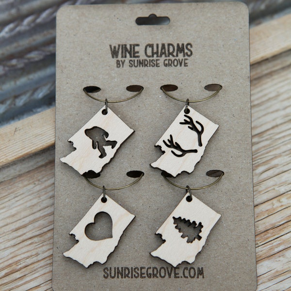 Washington State Shape Wine Charms for Wine and Beverage Glasses- Set of 4 charms with a pine tree, Sasquatch, deer antlers and heart cutout