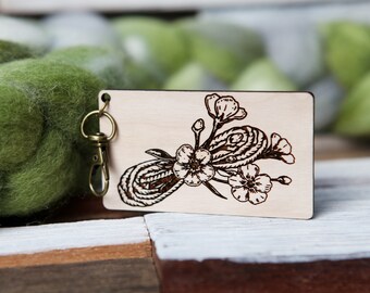 Flax Yarn Skein with Flowers Twist Angle Gauge - Rectangle Cherry Wood to measure the twist in your yarn. Great tool for spinners