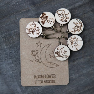 Moonflower and Stars Knitting Stitch Markers made from maple wood Set of 6 Moon flowers, moon and stars with mountains image 8