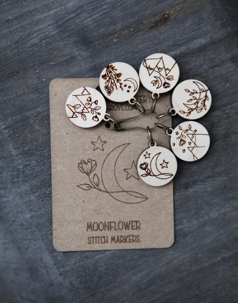 Moonflower and Stars Knitting Stitch Markers made from maple wood Set of 6 Moon flowers, moon and stars with mountains image 8