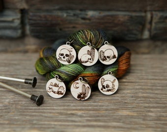 Death Valley Desert Knitting Stitch Markers, Set of 6 with Human Skulls, Cactus and Flowers