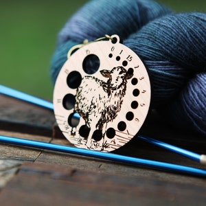 Knitting Needle Gauge Guide with a sheep standing on a grassy hill Cherry wood with bronze clasp image 5