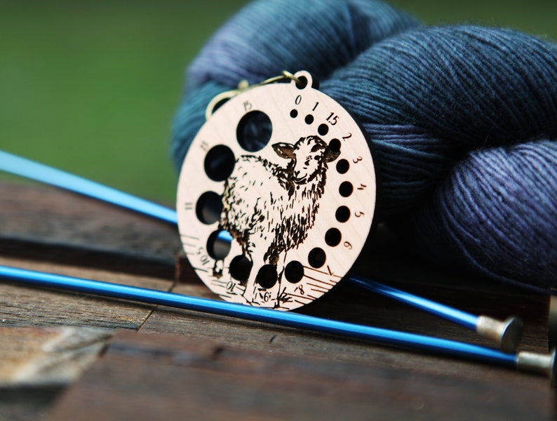 Knitting Needle Gauge Guide with a sheep standing on a grassy hill Cherry wood with bronze clasp image 5