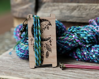 Moon Dreamcatcher Spinners Control Tool , WPI (Wraps per Inch) Ruler made from cherry wood for yarn gauge; crescent moon with feathers