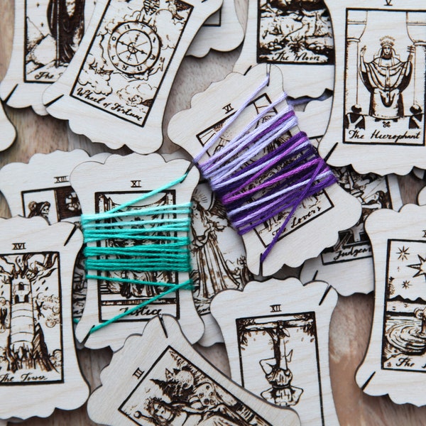 Major Arcana Tarot Card Embroidery Floss Thread Card Winders Made from Maple Wood. Wind your floss, yarn & threads to keep them organized.