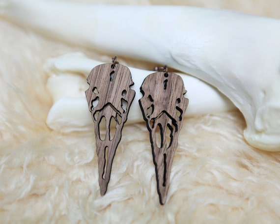 Raven Skull Wood Earrings Walnut Bird Skull Earring Etsy UK