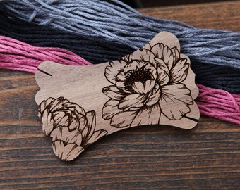 Peony Flower Embroidery Floss Thread Card Winders Made from Walnut Wood. Wind your floss, yarn or threads to keep them organized. Peonies