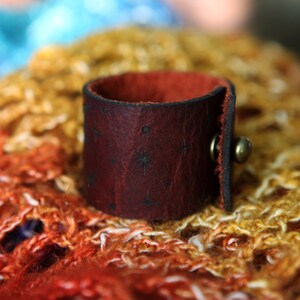 Vampire Bat under the Moon Shawl Cuff, made from leather with a bronze stud. Great for your knitted and crocheted scarves, shawls and cowls. image 10