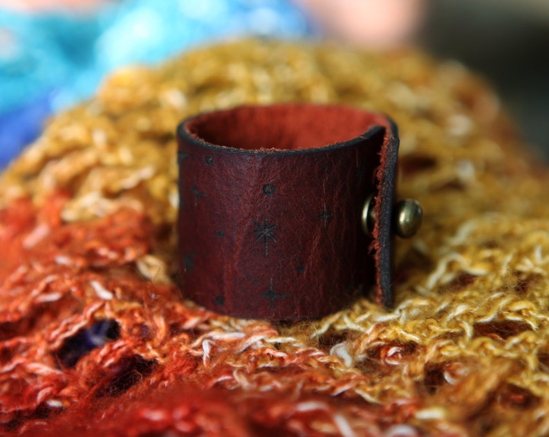 Vampire Bat under the Moon Shawl Cuff, made from leather with a bronze stud. Great for your knitted and crocheted scarves, shawls and cowls. image 10