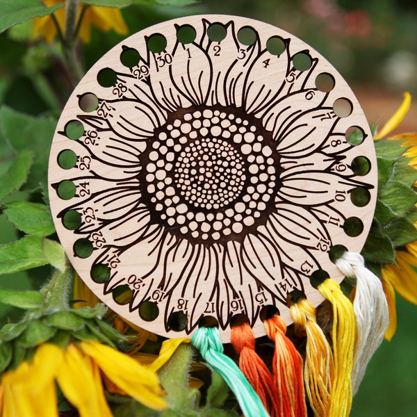 Sunflower Flower Embroidery Floss Thread Storage Holder- 30 Hole Circle Cherry Wood to store your cross stitch needlepoint yarn