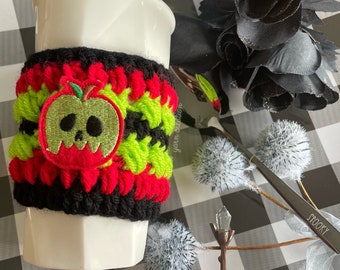 Just One Bite. Villain Poison Apple cozy. Coffee cup sleeve. Drink cup hug. Gifts for her. Ready to ship. Handmade gifts.