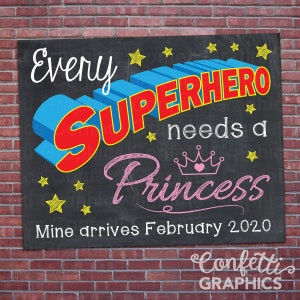 Cada superhéroe necesita una princesa Mina llega con fecha personalizada Pizarra Anuncio de embarazo Bebé Revelar póster de tiza Cartel de tiza Foto Prop