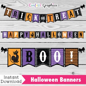 Halloween Banner, Bunting Banner, Sign, Pennant, Decor, Party, Happy Halloween, Trick or Treat, Orange, Black, Purple, DIY Instant Download