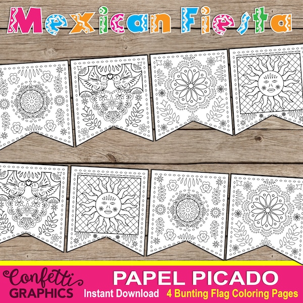 Papel Picado, Dia De los Muertos, Day of the Dead, Nov 2, Mexican Fiesta Banner, Bunting, Cinco de Mayo, May 5, Coloring Pages, DIY