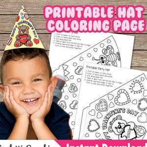 Valentine&#39;s Kids Activity Coloring Printable Party Hat, Childs Valentines Day Activity, Instant Download