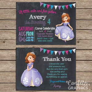 Sofia o primeiro convite de aniversário e conjunto de cartões de agradecimento quadro-negro personalizado para impressão personalizado convite para meninas de qualquer idade 1 2 3 4 5 6 7 8