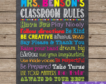 Classroom Rules Custom School Teacher Sign Poster Inspirational Chalkboard Chalk Subway Wall Art Gift Customized Personalized