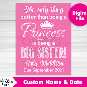 Lo único mejor que ser una princesa es ser una hermana mayor Pizarra Anuncio de embarazo Bebé Revelar póster de tiza Signo Foto Prop