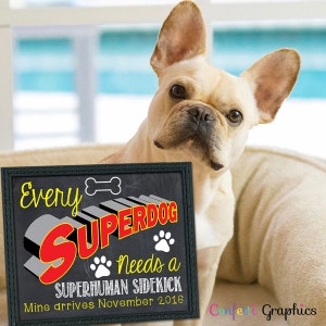Cada superperro necesita una fecha personalizada sobrehumana Pizarra Animal Mascota Perro Embarazo Anuncio Bebé Revelar Póster Signo Prop Archivo Digital
