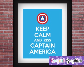 Keep Calm and Kiss Captain America Super Hero Poster Sign Printable 8x10 Wall Art DIY Instant Download