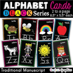 Alphabet Picture A-Z Line Cards Black Series Traditional Manuscript Word Wall Homeschool Teacher Classroom Back to School First Day 5.5x8.5