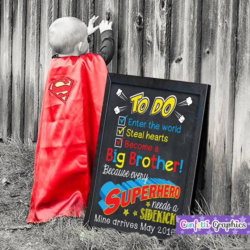 Big Brother To Do Checklist Every Superhero needs a Sidekick with Custom Date Chalkboard Pregnancy Announcement Baby Reveal Poster Sign Prop image 5