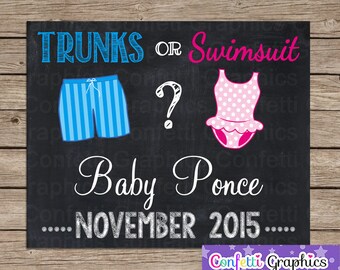 Trunks or Swimsuits Chalkboard Pregnancy Reveal Baby Announcement Chalk Poster Sign Photo Shoot Prop Custom Date Beach Pool DYI Digital File