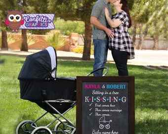 Chalkboard Pregnancy Announcement Sitting in a Tree KISSING Baby Reveal Chalk Poster Sign Banner Photo Prop Personalized Baby Shower Digital