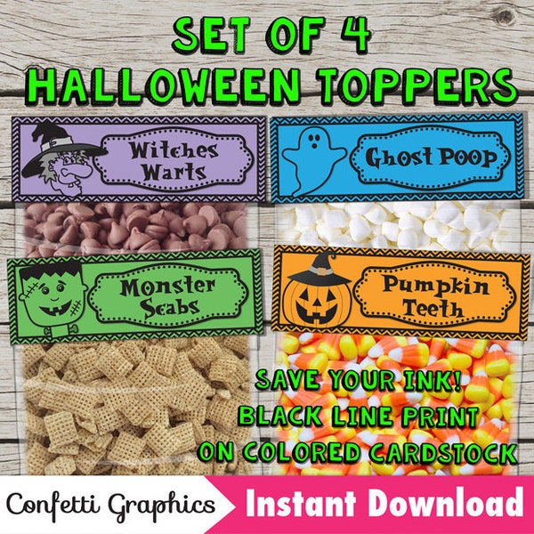 Set of 4 Halloween Toppers, Ghost Poop, Monster Scabs, Witches Warts, Pumpkin Teet, Ziplock, Black Line, Candy Bag Toppers, Printable