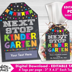 Volgende stop kleuterschool BEWERKBARE PDF Gift Tag Card, Etiketten, Laatste dag van School Gift Tags, Laatste dag van Pre-K Afstudeer Tag Card - Eerste dag K