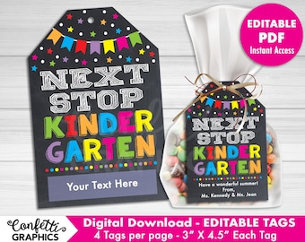 Next Stop Kindergarten EDITABLE PDF Tarjeta de etiqueta de regalo, Etiquetas, Etiquetas de regalo del último día de la escuela, Último día de la tarjeta de etiqueta de graduación de Pre-K - Primer día K