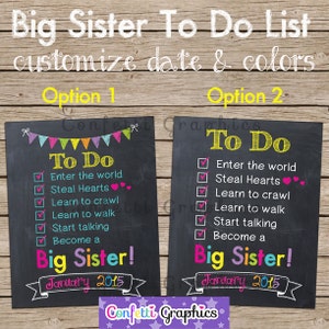 Lista de tareas para la hermana mayor Pizarra personalizada Anuncio de embarazo Esperando bebé Cartel de tiza Letrero Sesión de fotos Accesorio Cualquier tamaño