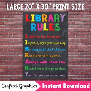Library Rules Media Center Library Book Reading Center Teacher Sign Poster Inspirational Chalkboard Chalk Subway / 20"x30"/ Instant Download