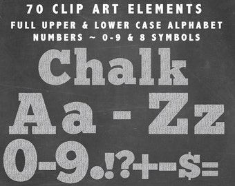Alphabet Alpha Clip Art in White Chalk ~ Upper Case Lower Case Numbers and Symbols ~ 70 Elements Chalkboard  Not a Font