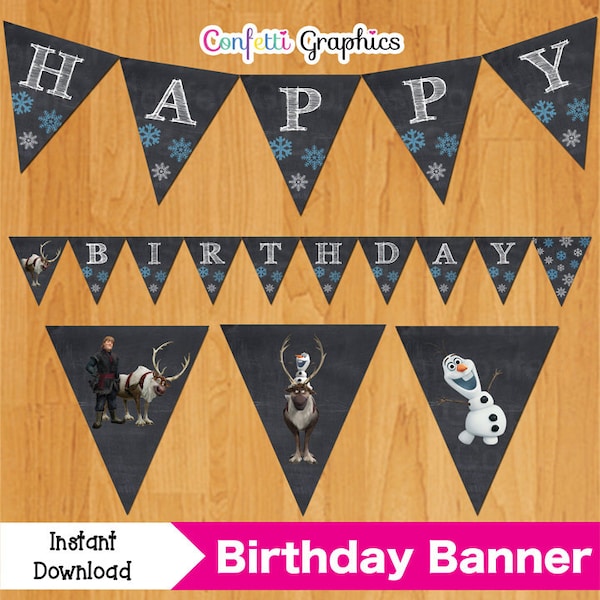 Frozen Chalkboard Boys Happy Birthday Banner Kristoff Sven Olaf Bunting Flags Pennant Sign Snowflake Winter // Printable // Instant Download