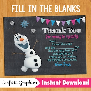 Eiskönigin Geburtstag Party Olaf Fill In The Blanks Danke Karte Kreidetafel 100x200 & 5x7 Disney // DIY // Printable // Instant Download