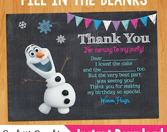 Frozen Birthday Party Olaf Fill In The Blanks Thank You Card Krijtbord Krijtbord 4x6 & 5x7 Disney // DIY // Printable // Instant Download