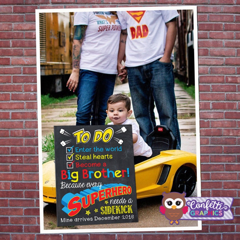 Big Brother To Do Checklist Every Superhero needs a Sidekick with Custom Date Chalkboard Pregnancy Announcement Baby Reveal Poster Sign Prop image 3