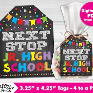 Etiquettes pour cartes de lycée Next Stop Jr, Étiquettes-cadeaux pour école, Dernier jour d'école primaire, Remise des diplômes de 6e année, Dernier jour de sixième année
