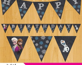 Frozen Chalkboard Birthday Banner Anna Elsa Olaf Bunting Flags Pennant Sign Snowflake Winter // Printable // Instant Download