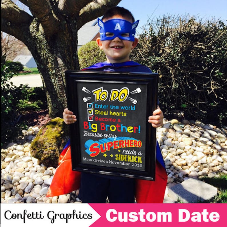 Big Brother To Do Checklist Every Superhero needs a Sidekick with Custom Date Chalkboard Pregnancy Announcement Baby Reveal Poster Sign Prop image 1