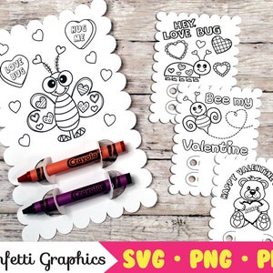 Valentine's Cards for Kids with Crayon, SVG Valentine Crayon Holder Card, Valentine's Coloring Greeting Cards Crayon Holder Card