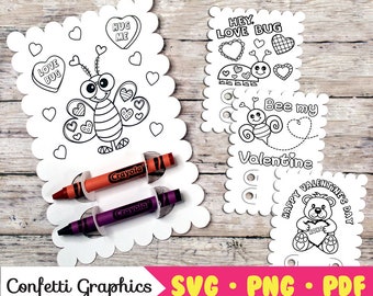 Valentine's Cards for Kids with Crayon, SVG Valentine Crayon Holder Card, Valentine's Coloring Greeting Cards Crayon Holder Card