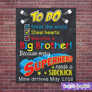Big Brother To Do Checklist Every Superhero needs a Sidekick with Custom Date Chalkboard Pregnancy Announcement Baby Reveal Poster Sign Prop image 2