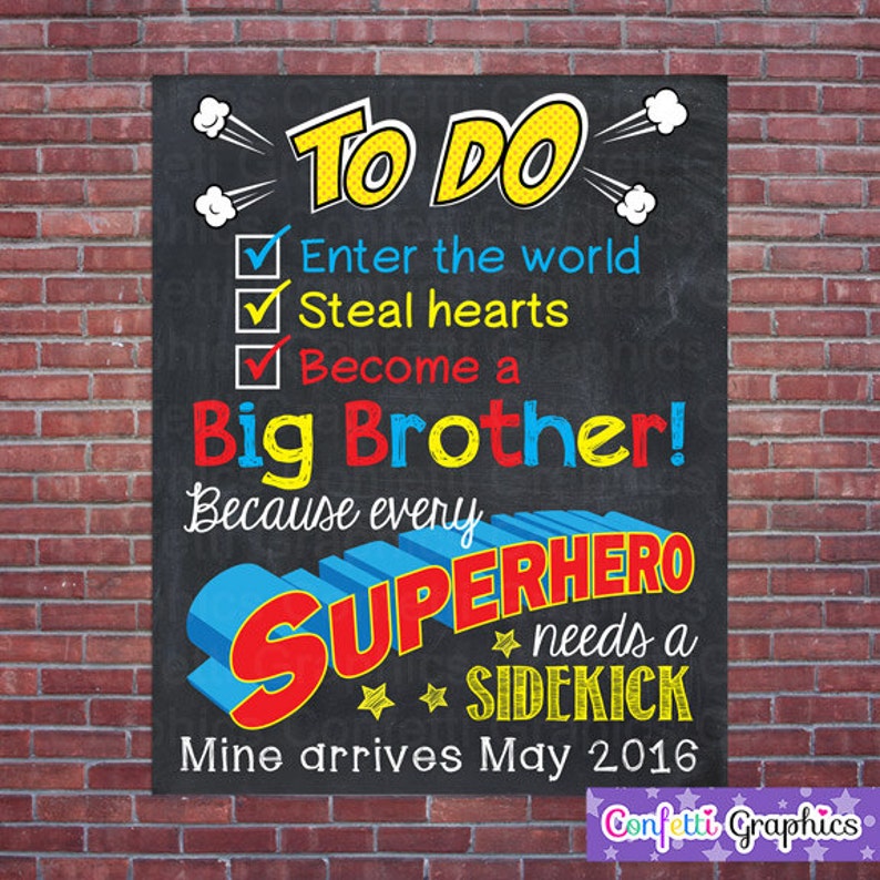 Big Brother To Do Checklist Every Superhero needs a Sidekick with Custom Date Chalkboard Pregnancy Announcement Baby Reveal Poster Sign Prop image 2