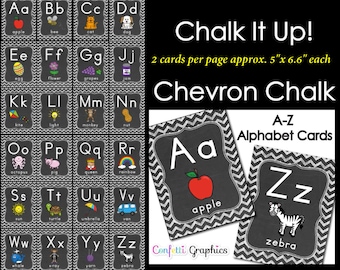 Alphabet Cards Chalkboard Chevron Word Wall Posters Manuscript A-Z Alphabet Chalk it up Teacher Classroom Back to School First Day // 5"x6.6