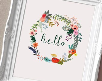 Hello Print,Hello Floral Print,Hallway Print,Floral Wreath Print,Hello Artwork,Watercolour Floral,Home Decor,Handwritten font,Hello Card