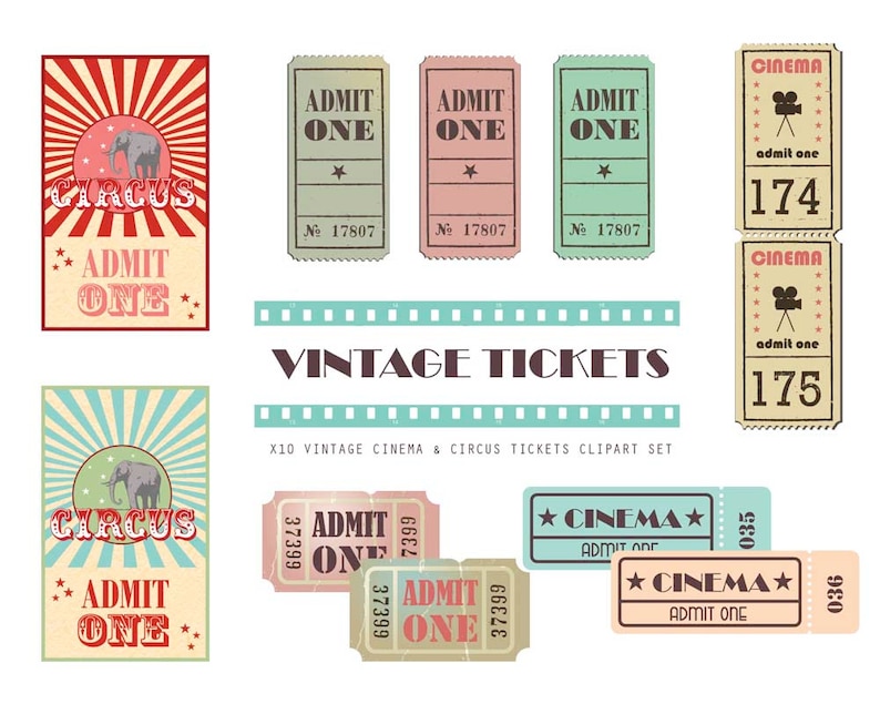 Movie Clipart Cinema ticket Vintage ticket clipart Film clipart Movie planner stickers Circus clipart Admit one DIY Cinema ticket Party